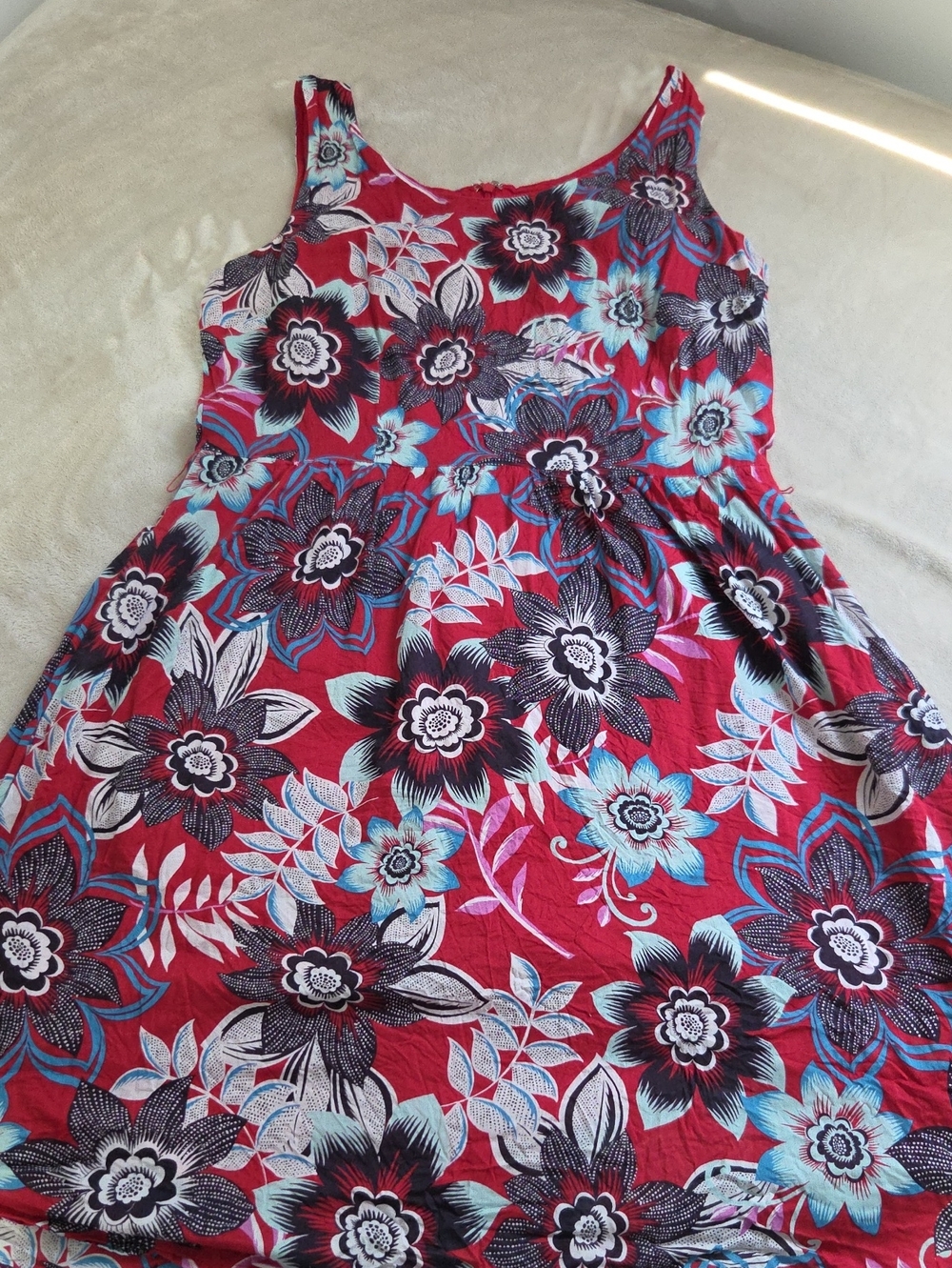 Talbots Red Floral Midi Dress with Blue and Black Accents